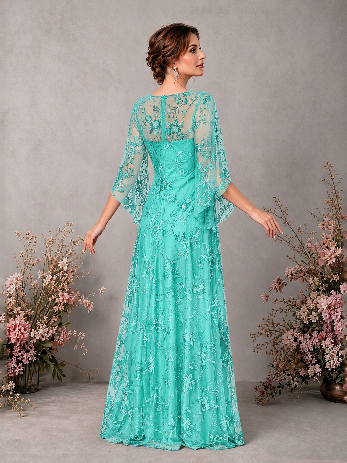 BOLODOO Turquoise Sequin Lace Cape Sleeve Formal Evening Gown - Turquoise - Turquoise_2