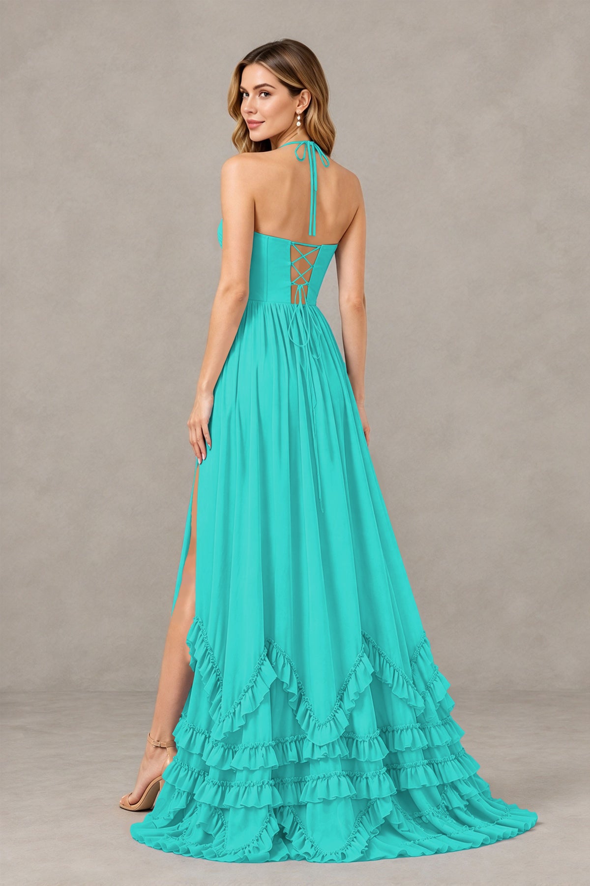 BOLODOO Turquoise Halter Ruffle Hem A-Line Bridesmaid Dress with High Slit - Turquoise - Turquoise(2)