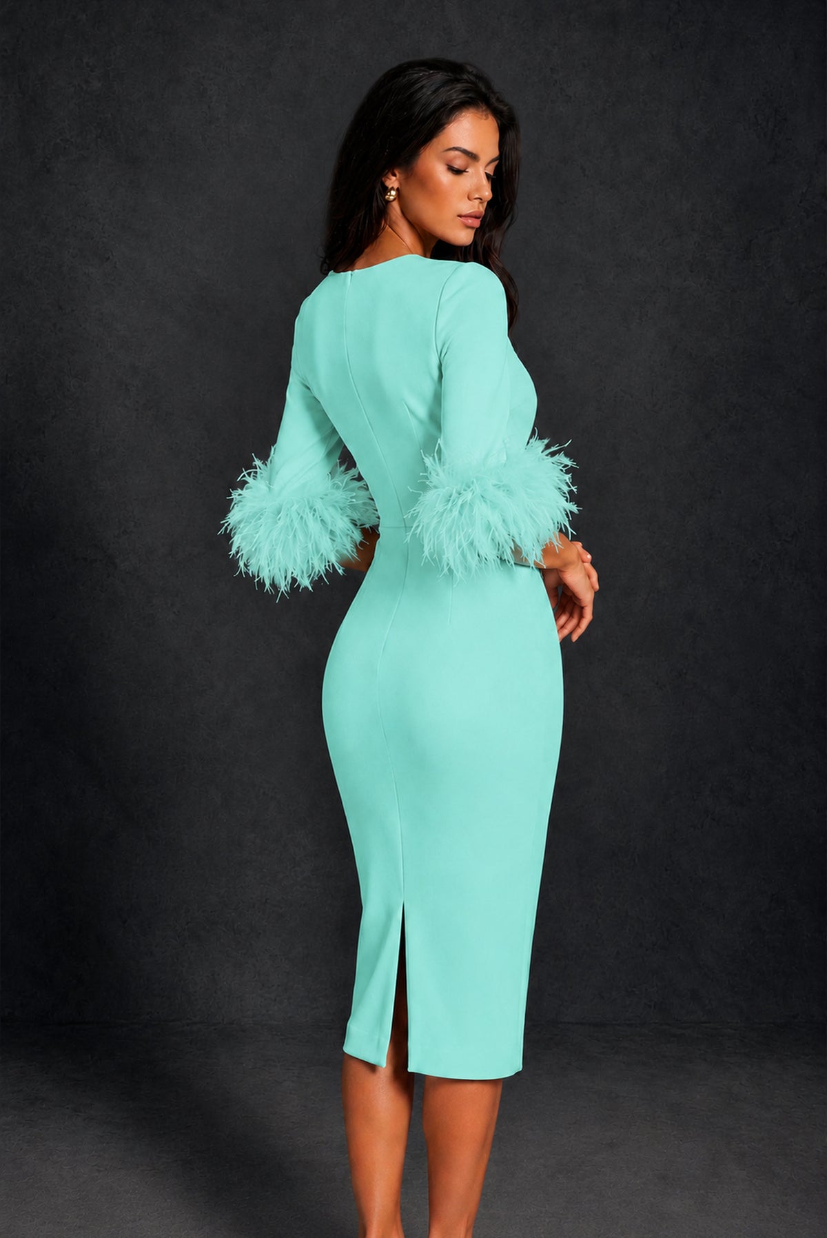 BOLODOO Turquoise Ostrich Feather Cuff 3/4 Sleeve Round Neck Bodycon Midi Dress with Back Slit - Turquoise