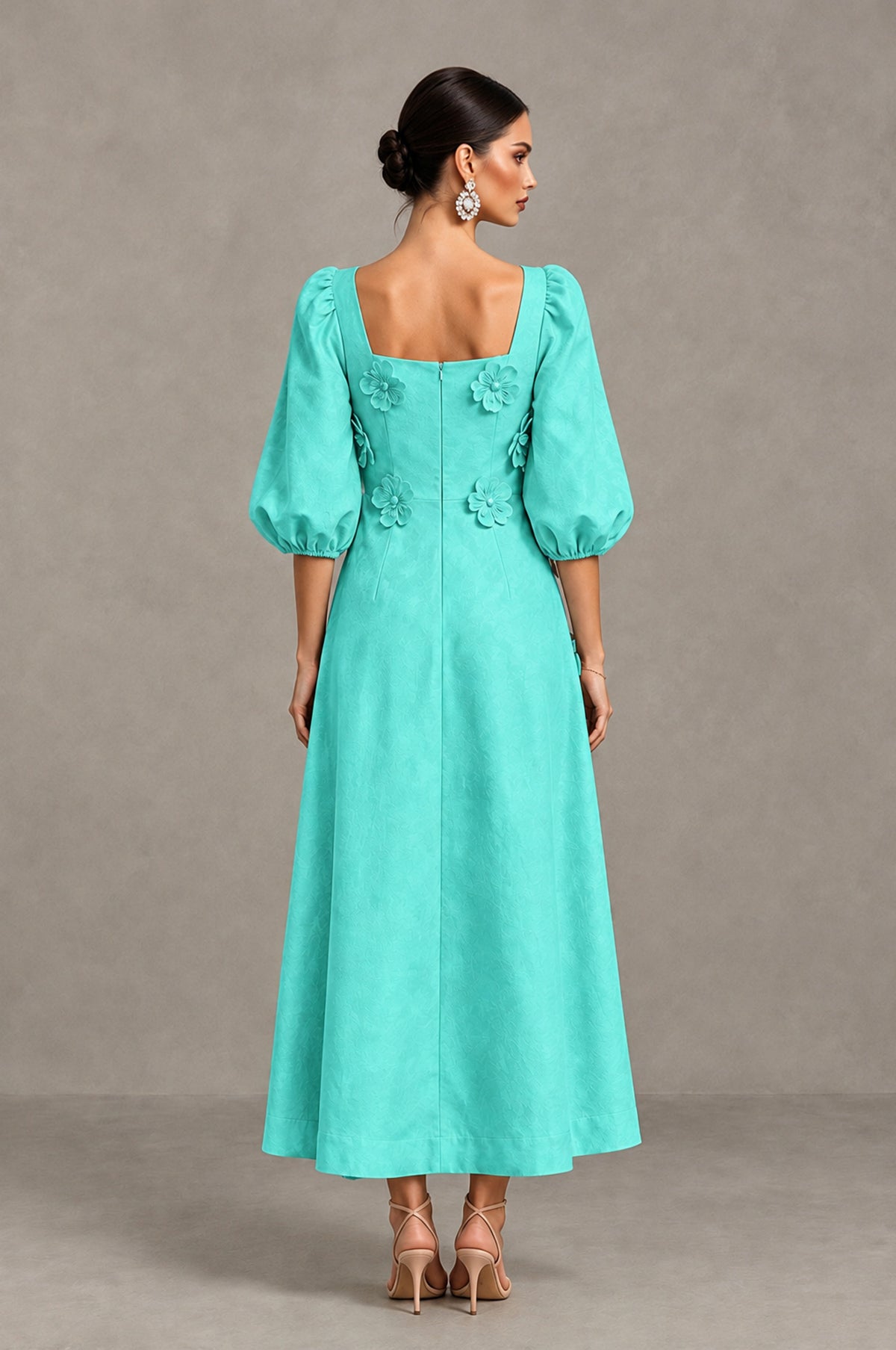 BOLODOO Turquoise 3D Floral Puff Sleeve Midi Cocktail Dress - Turquoise - Turquoise_2