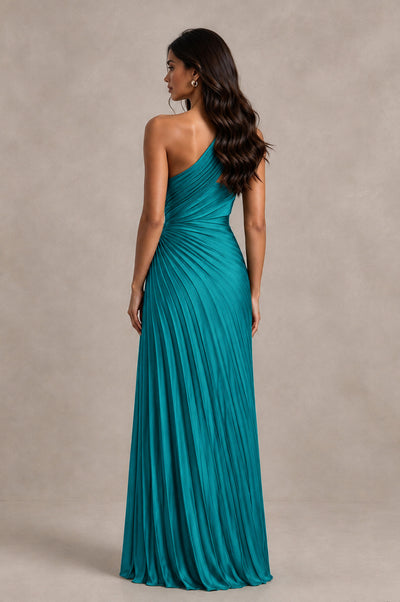 BOLODOO Turquoise One Shoulder Pleated Evening Dress with Ruched Waist and High Slit - Turquoise - Turquoise_2