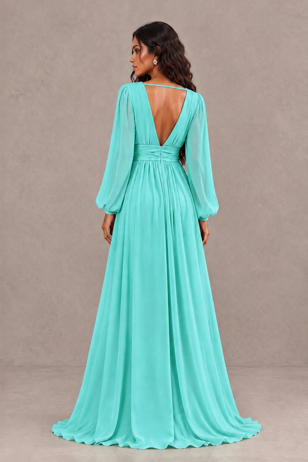 BOLODOO Turquoise Long Sleeve V-Neck A-Line Gown with Open Back & Slit - Turquoise - Turquoise_2