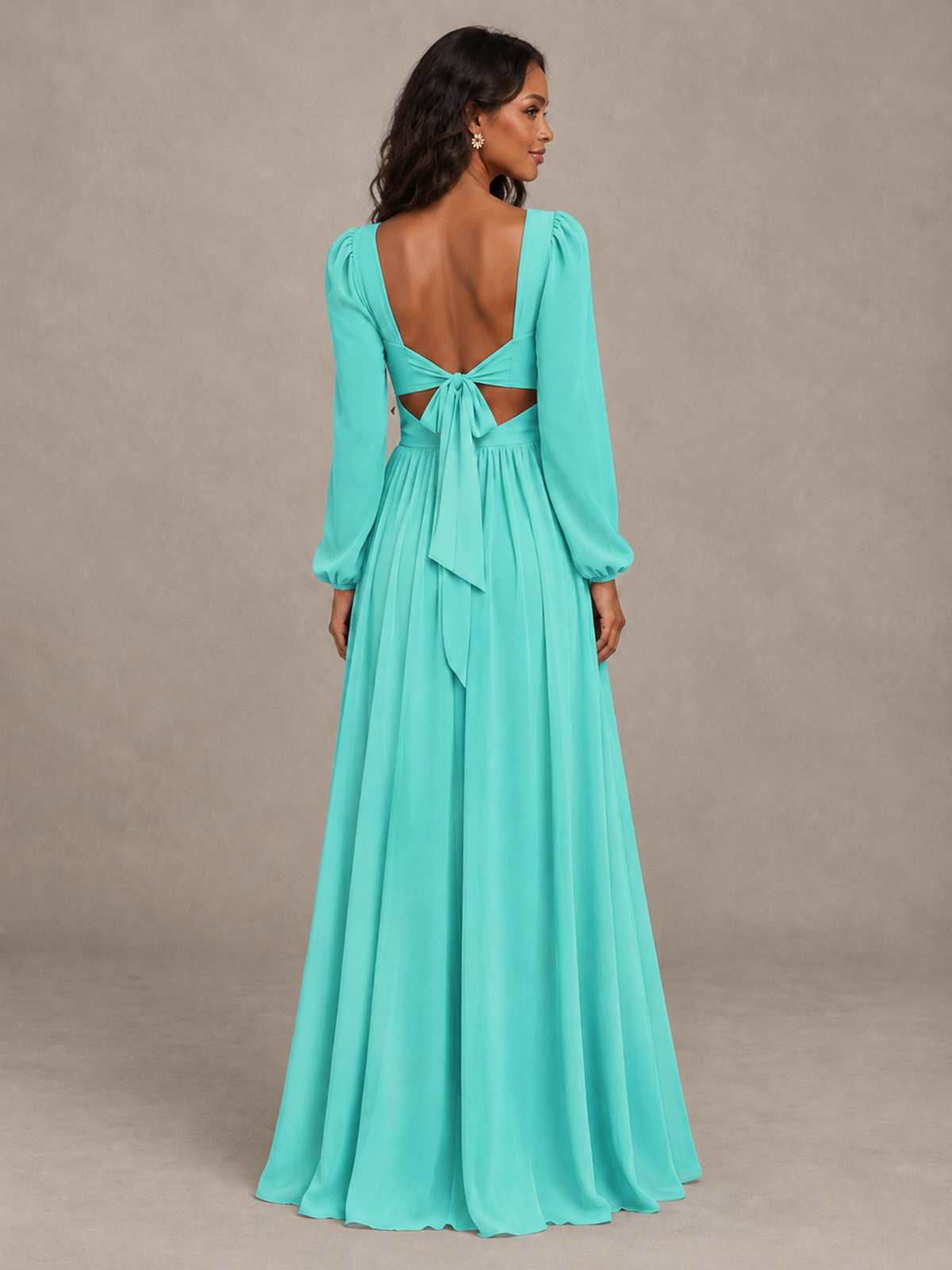 BOLODOO Turquoise V-Neck Long Sleeve Bridesmaid Dress with Tie Back and Slit - Turquoise - Turquoise_2