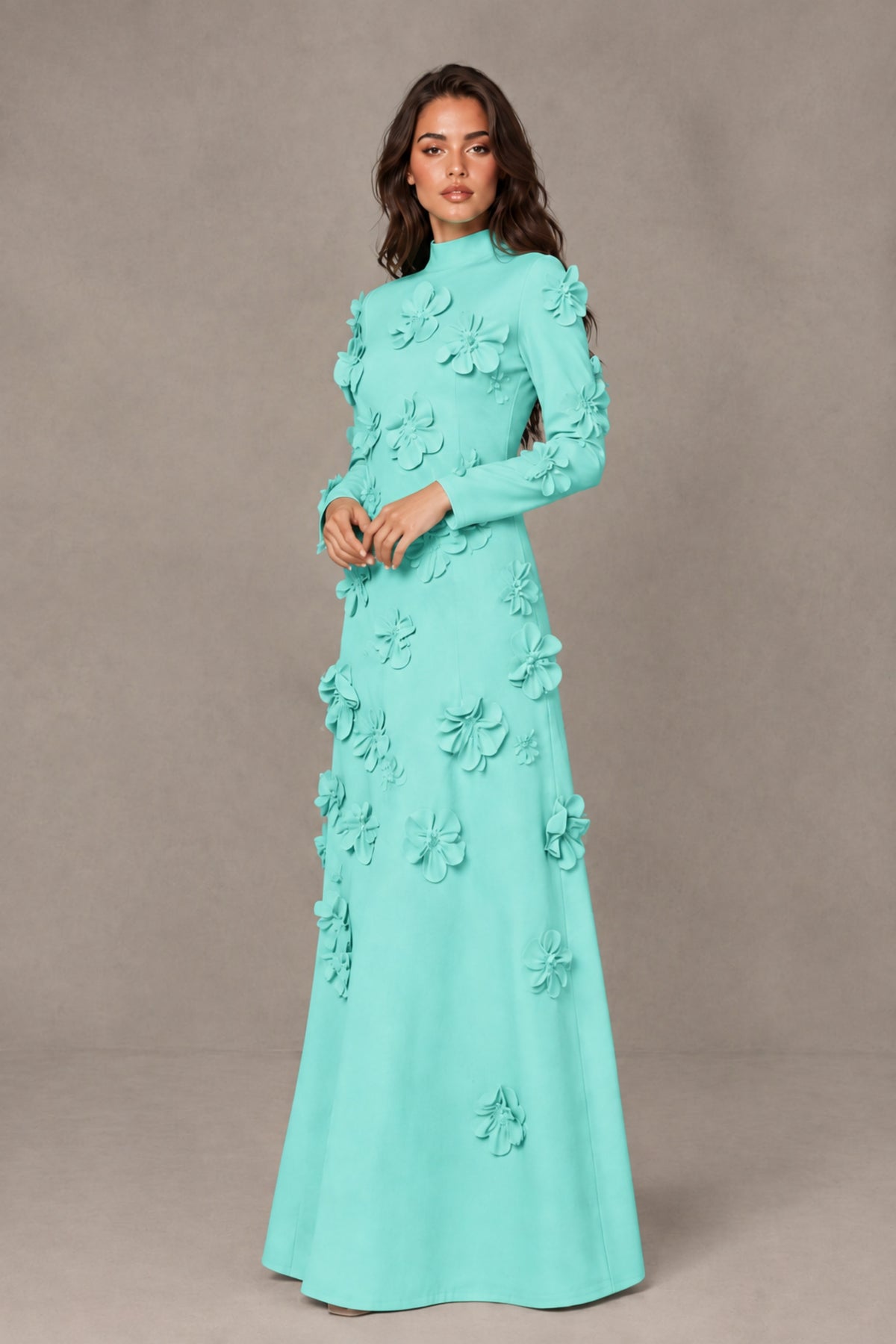 BOLODOO Turquoise High Neck Long Sleeve 3D Floral Evening Gown - Turquoise