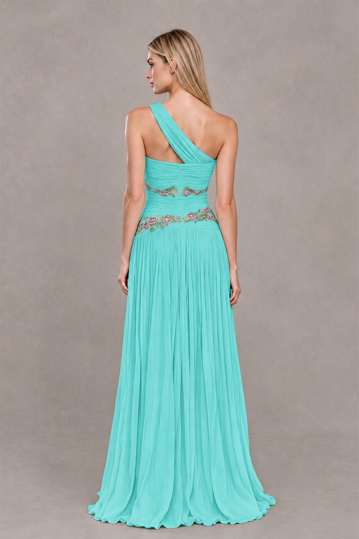BOLODOO Turquoise One-Shoulder Floral Applique A-Line Evening Dress - Turquoise - Turquoise_2