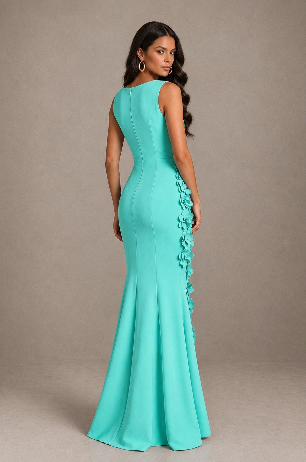 BOLODOO Turquoise Bateau Neck Sleeveless Asymmetric Peplum 3D Petal Appliqué Mermaid Gown BD0421 - Turquoise - Turquoise_2