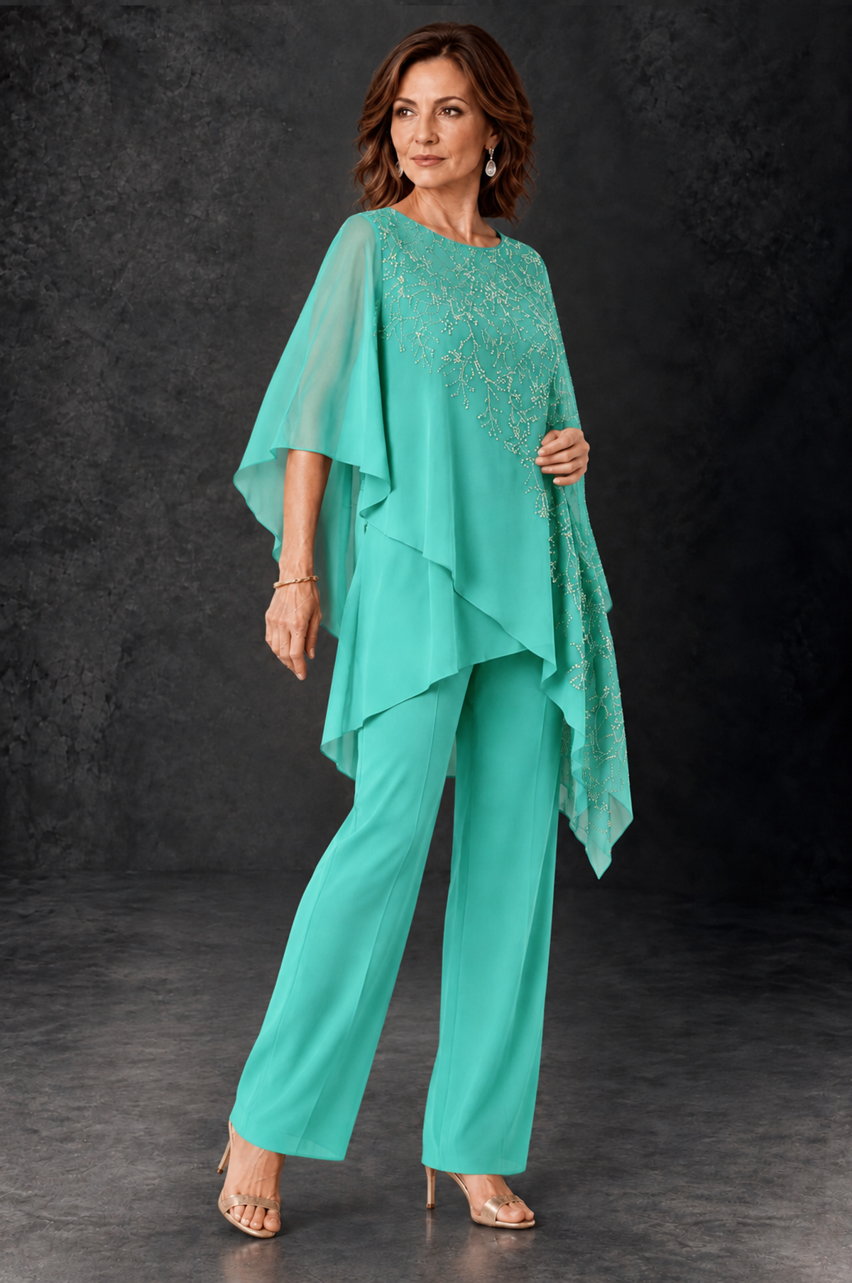BOLODOO Turquoise Embellished Cape Pant Suit for Mother of the Bride - Turquoise - Turquoise_2