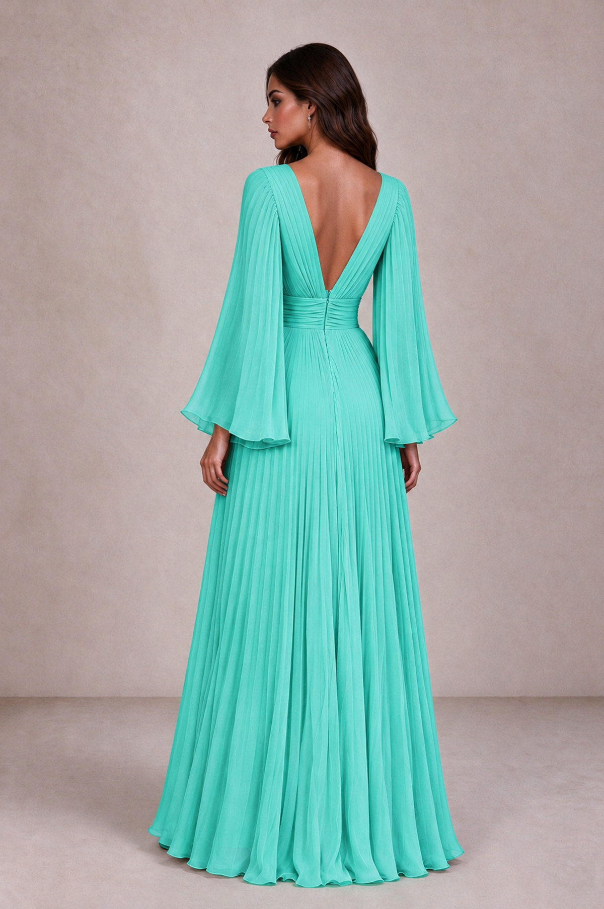 BOLODOO Turquoise Pleated Deep V-Neck Long Bell Sleeve Evening Dress - Turquoise - Turquoise_2