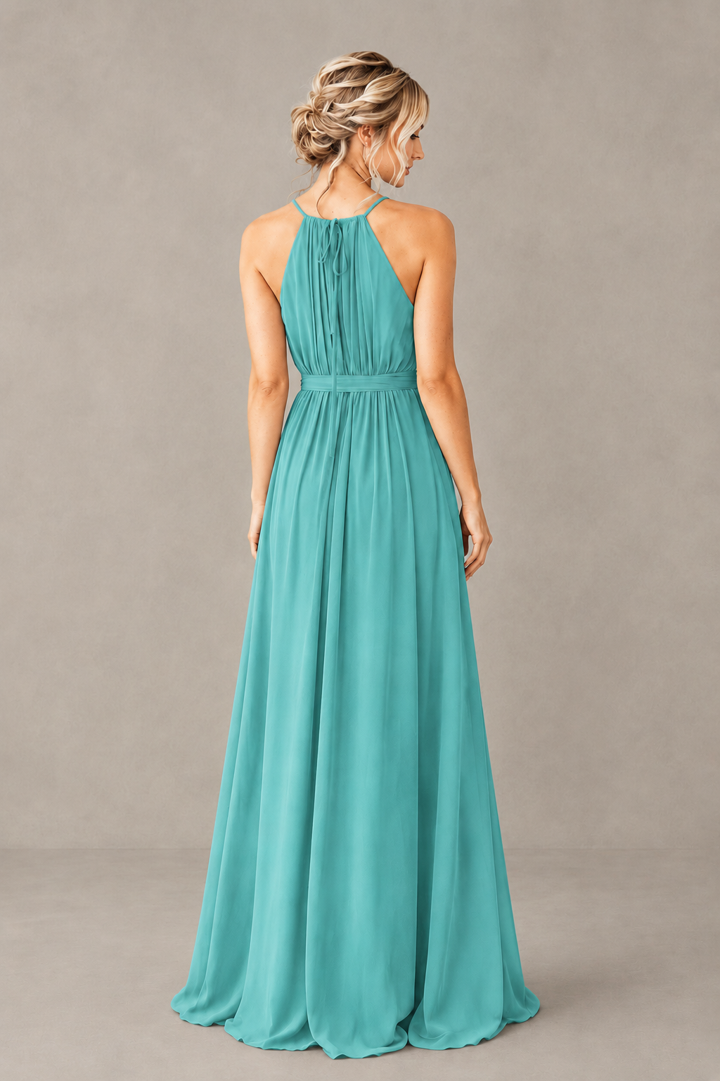 BOLODOO Turquoise Halter Chiffon Bridesmaid Dress with High Slit - Turquoise