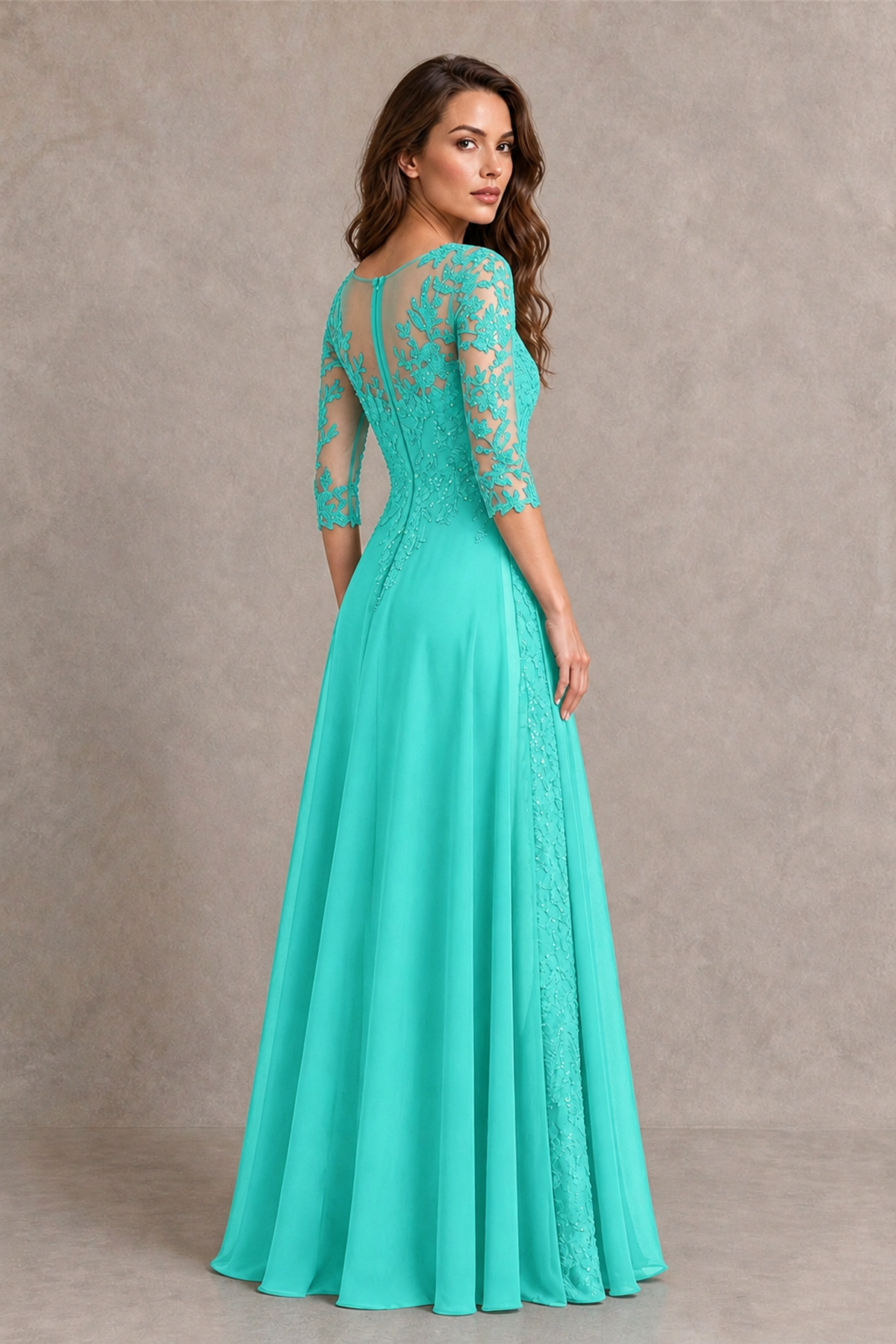 BOLODOO Midnight Turquoise Beaded Lace Appliqué Chiffon A-Line Gown | Mother of the Bride & Formal Evening Dress - Turquoise - Turquoise_2