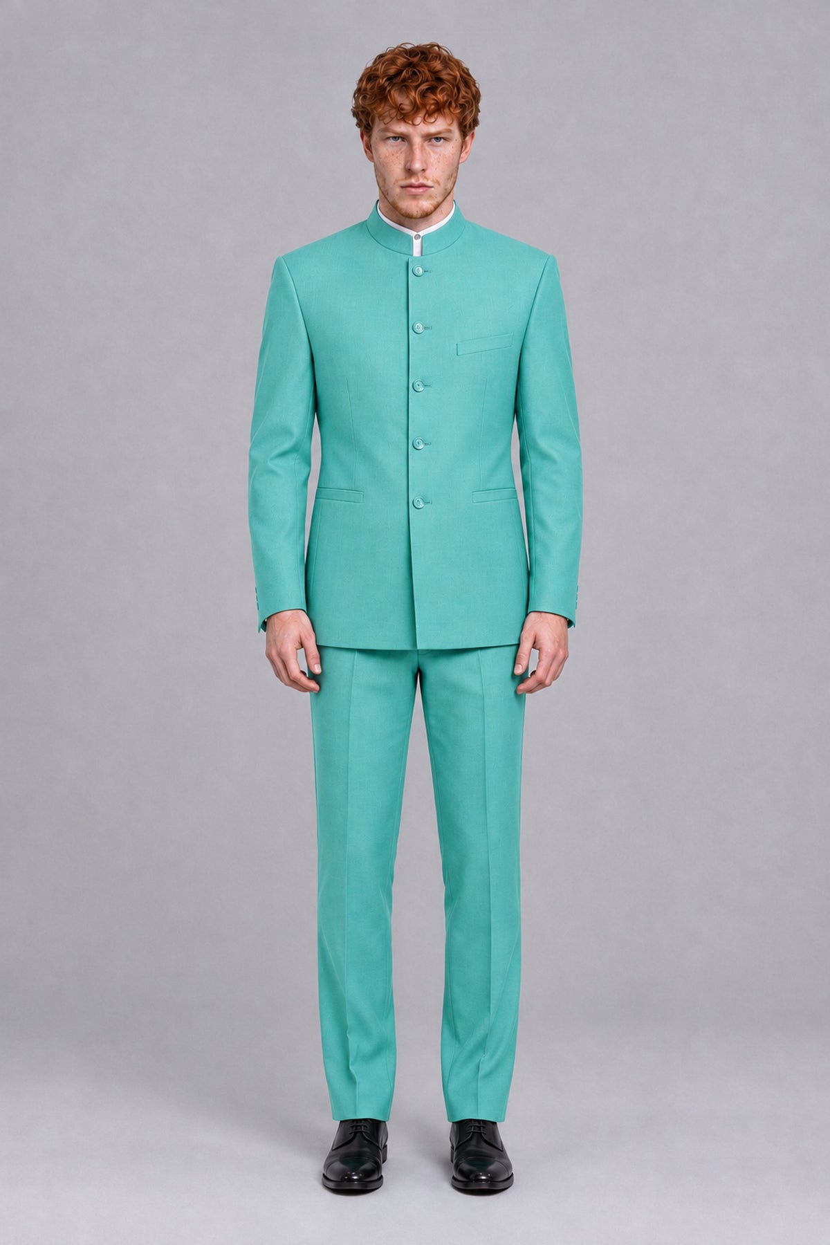 BOLODOO Men's Turquoise Mandarin Collar Two-Piece Suit - Turquoise - Turquoise_2