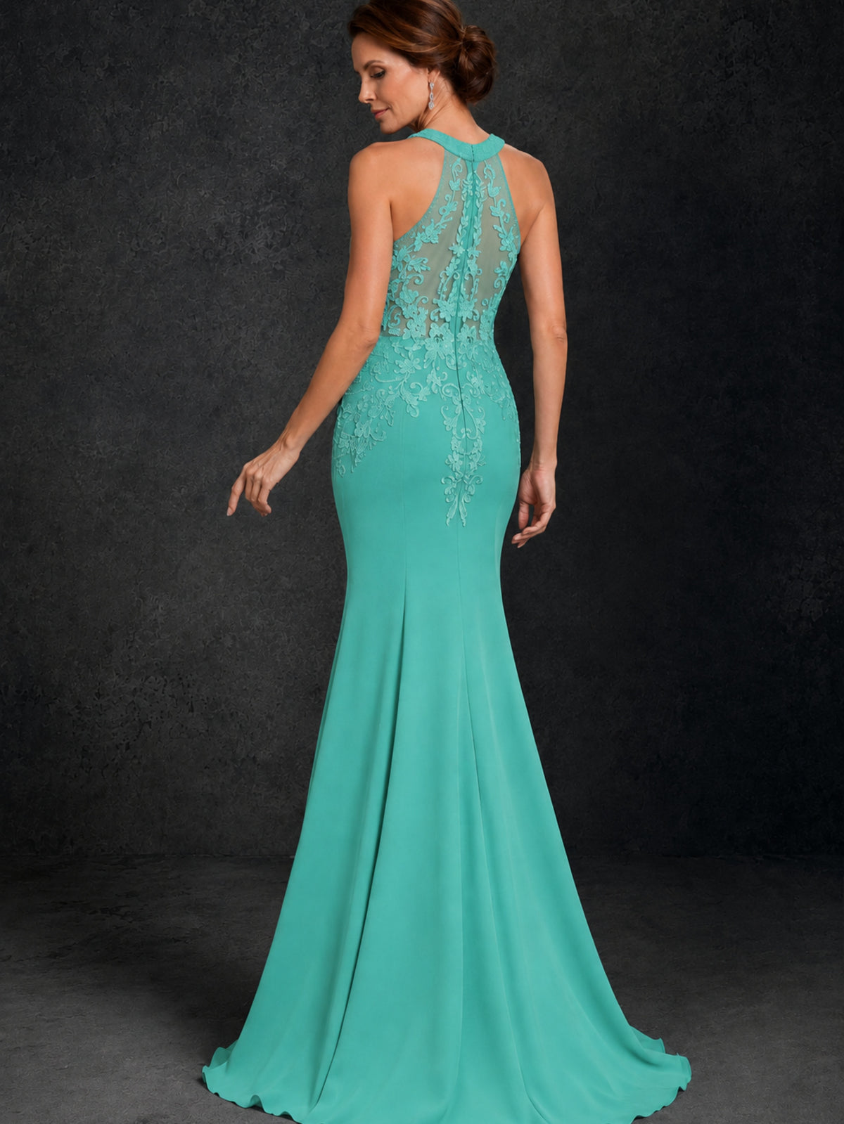 BOLODOO Turquoise Lace Applique Halter Neck Sheer Back Mermaid Maxi Dress with Sweep Train - Turquoise