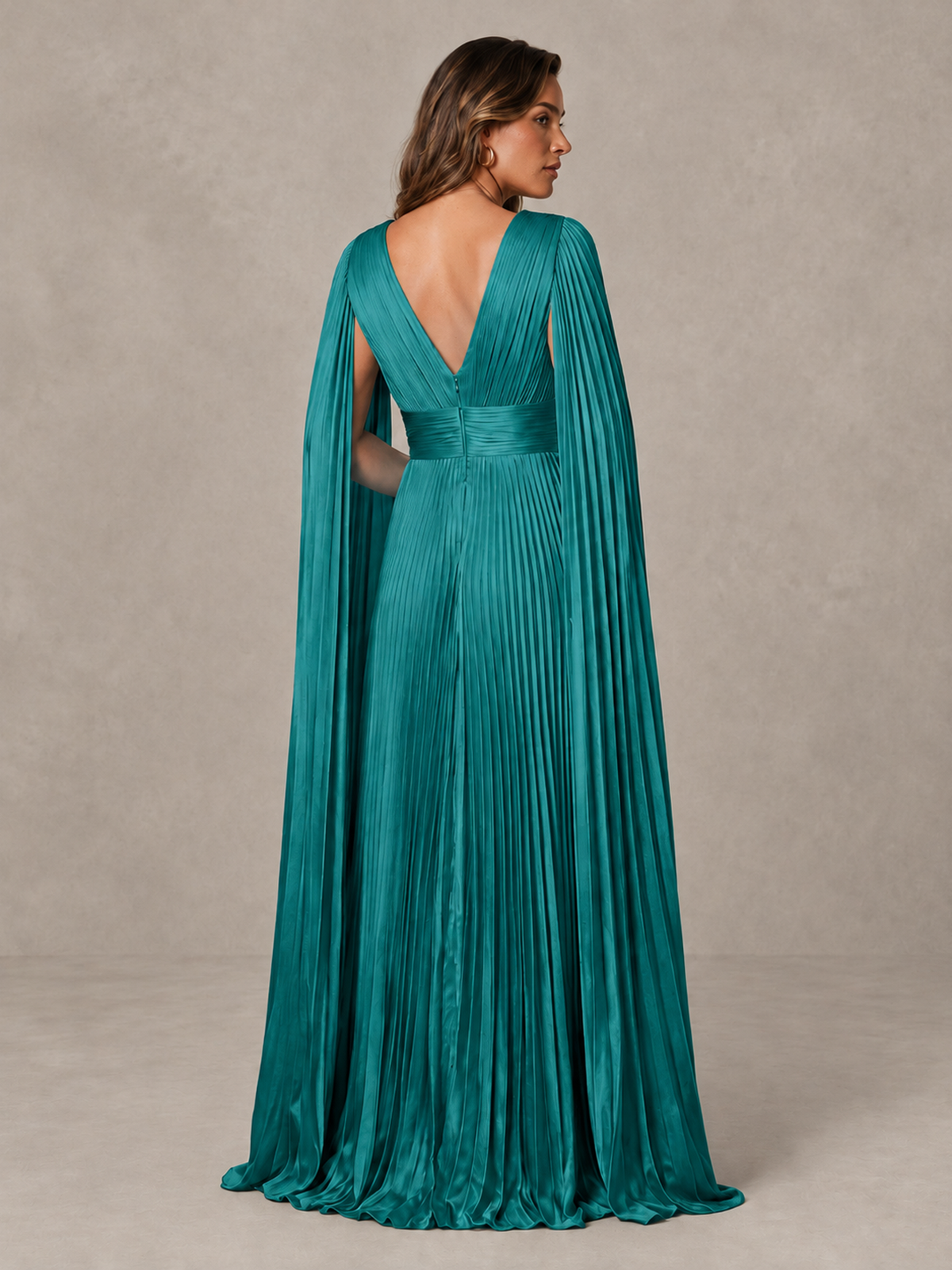 BOLODOO Turquoise Deep V-Neck Pleated Cape Sleeve Evening Gown - Turquoise - Turquoise_2