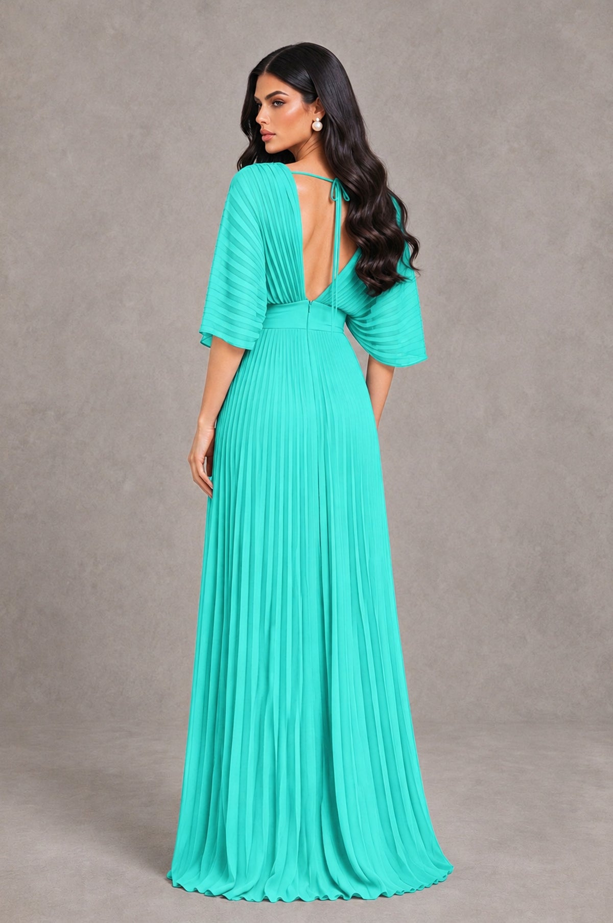 BOLODOO Turquoise V-Neck Pleated Flutter Sleeve Formal Dress - Turquoise - Turquoise_2