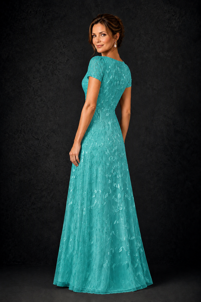 BOLODOO Turquoise Leaf Embroidered A-Line Formal Gown with Cap Sleeves - Turquoise - Turquoise_2
