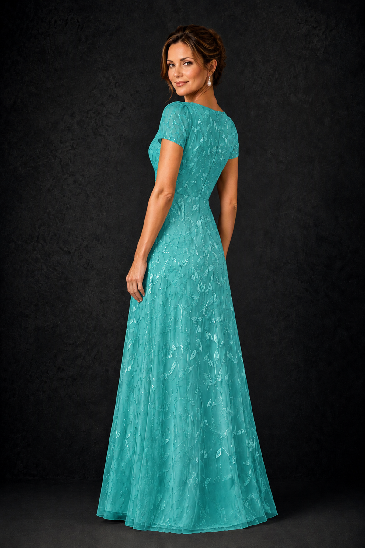 BOLODOO Turquoise Leaf Embroidered A-Line Formal Gown with Cap Sleeves - Turquoise - Turquoise_2