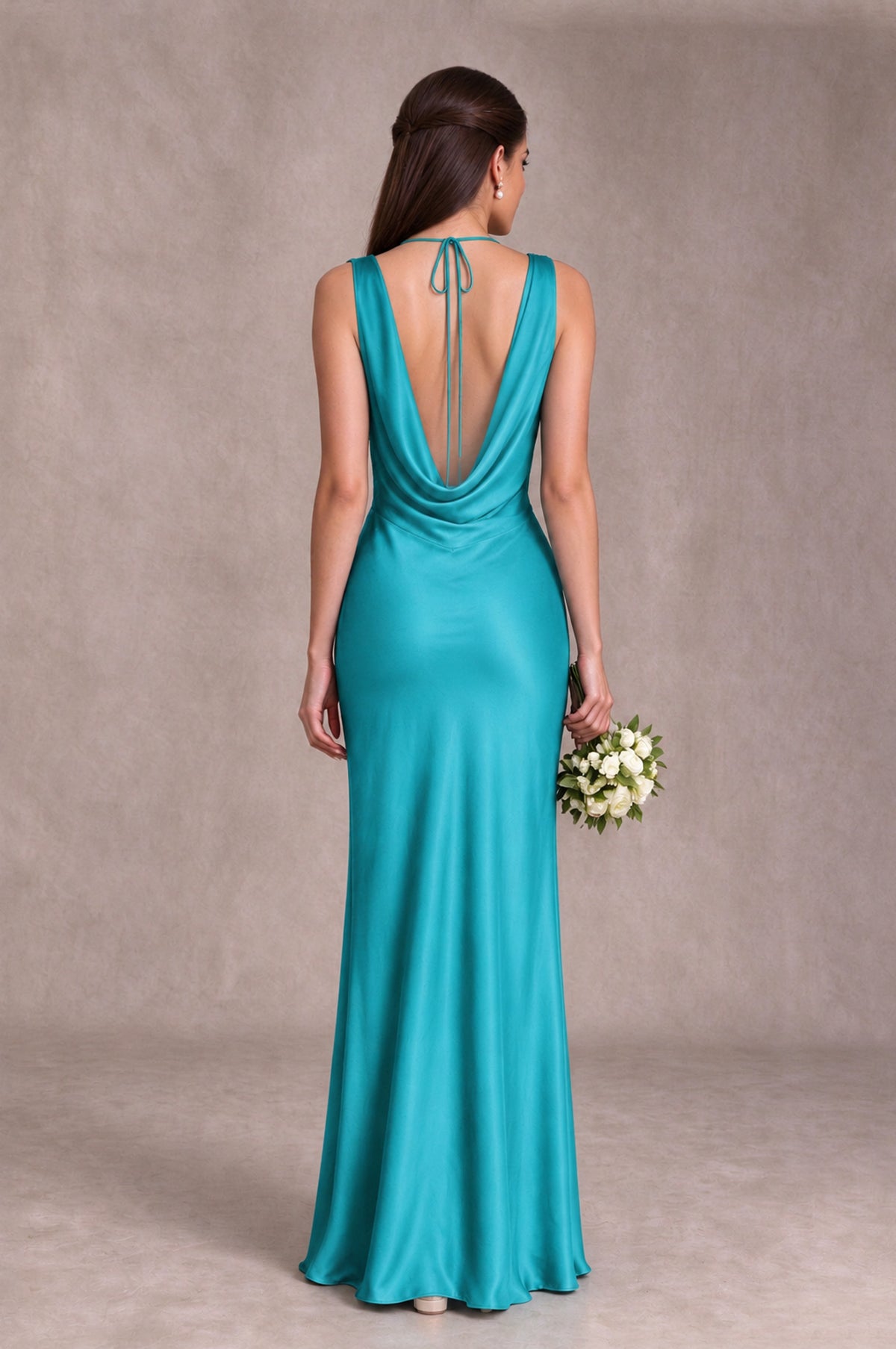 BOLODOO Turquoise Cowl Neck Open Back Satin Bridesmaid Dress - Turquoise - Turquoise_2