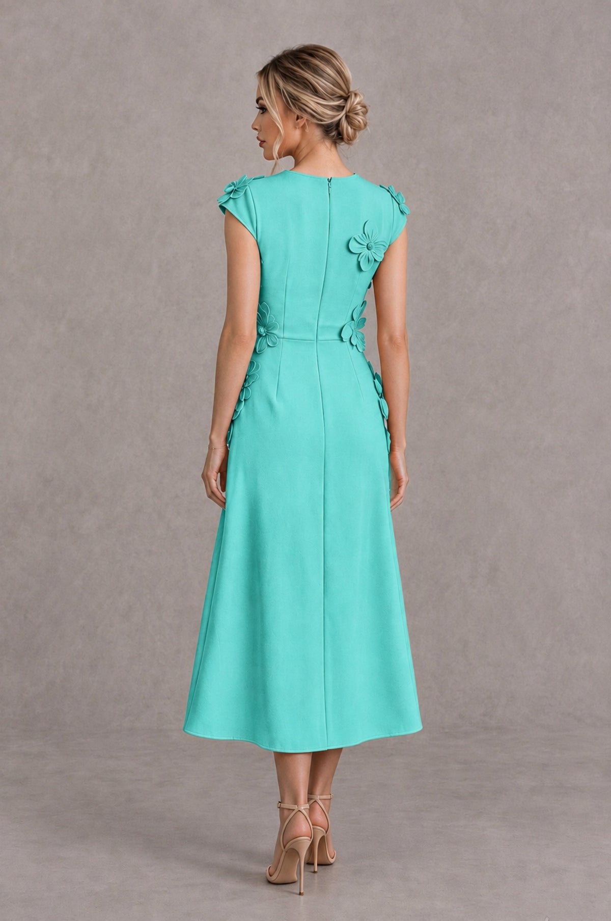 BOLODOO Turquoise 3D Floral Cap Sleeve Midi Cocktail Dress - Turquoise - Turquoise_2