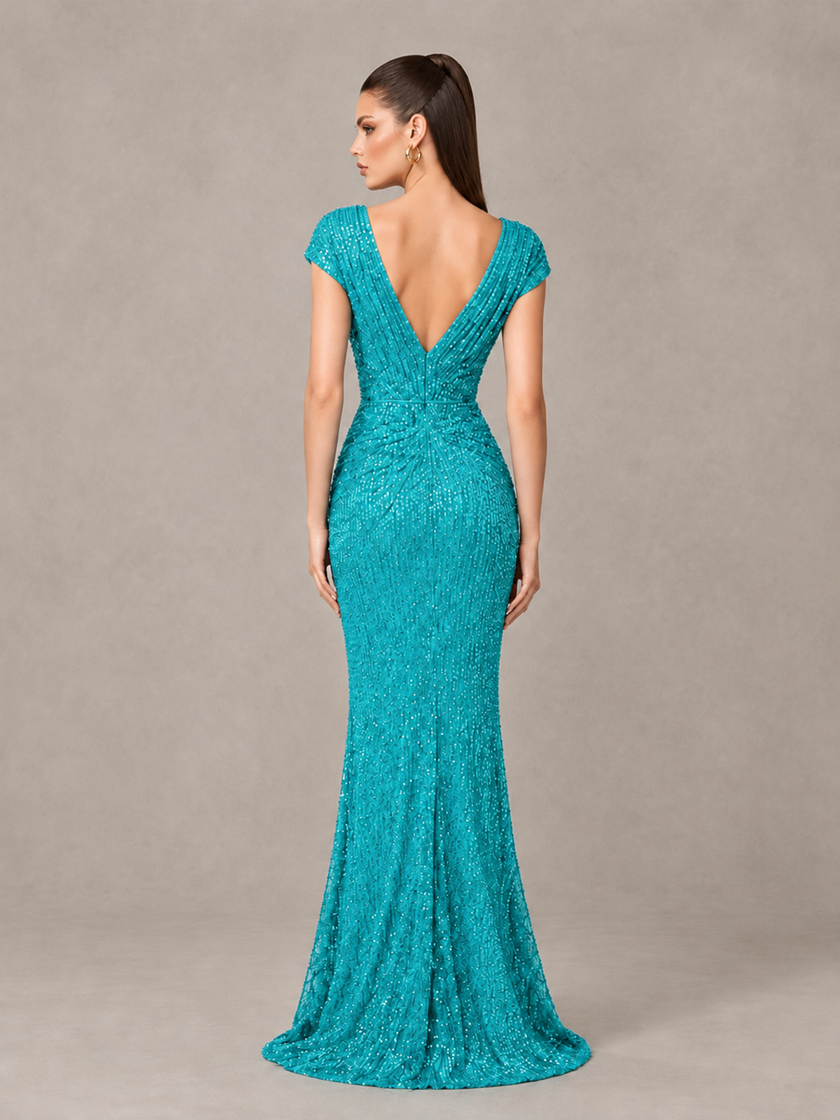 BOLODOO Turquoise Glitter V-Neck Cap Sleeve Ruched Mermaid Evening Gown - Turquoise - Turquoise_2