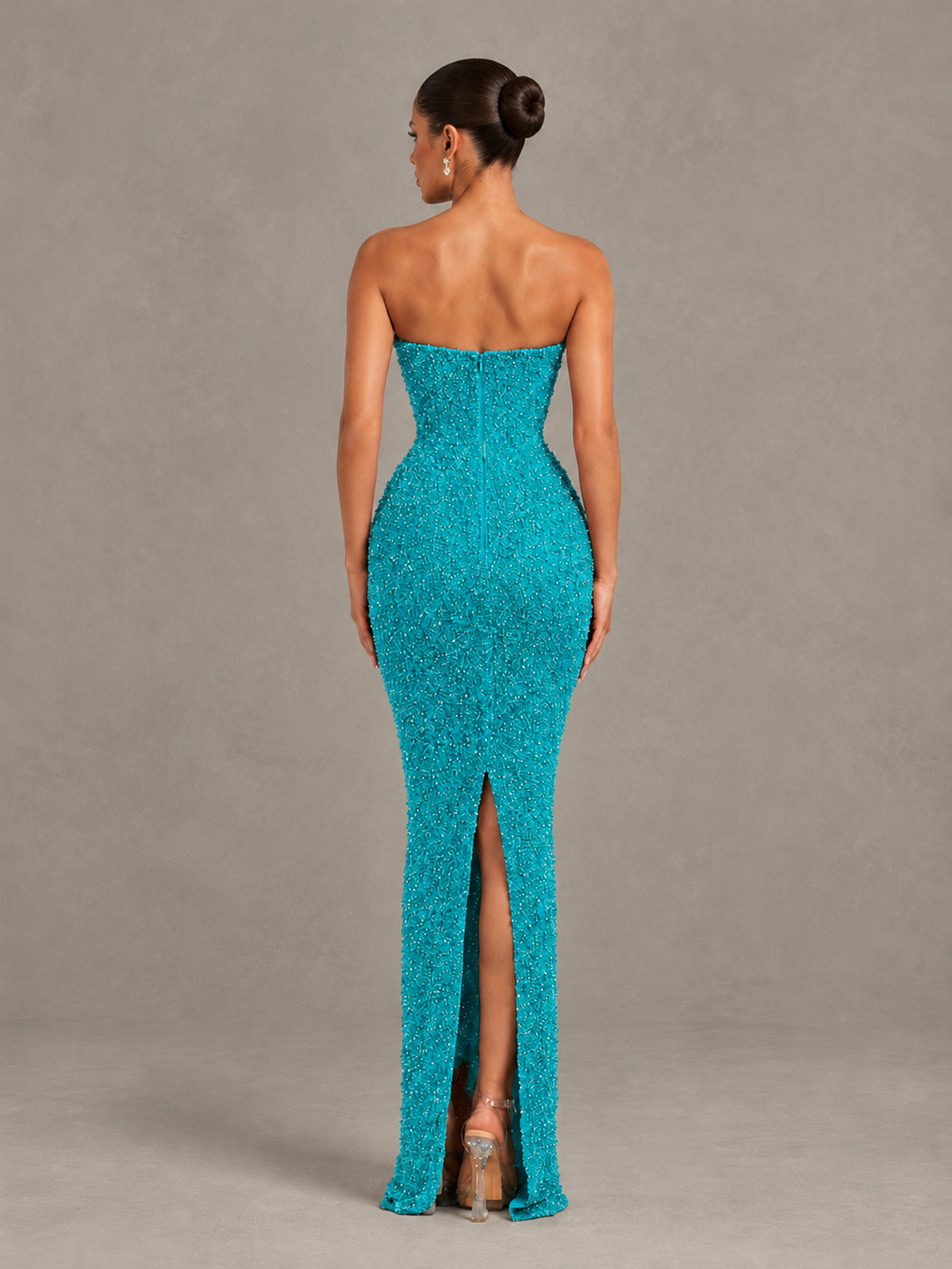 BOLODOO Turquoise Strapless Sequin Evening Gown with Floral Neckline - Turquoise - Turquoise_2