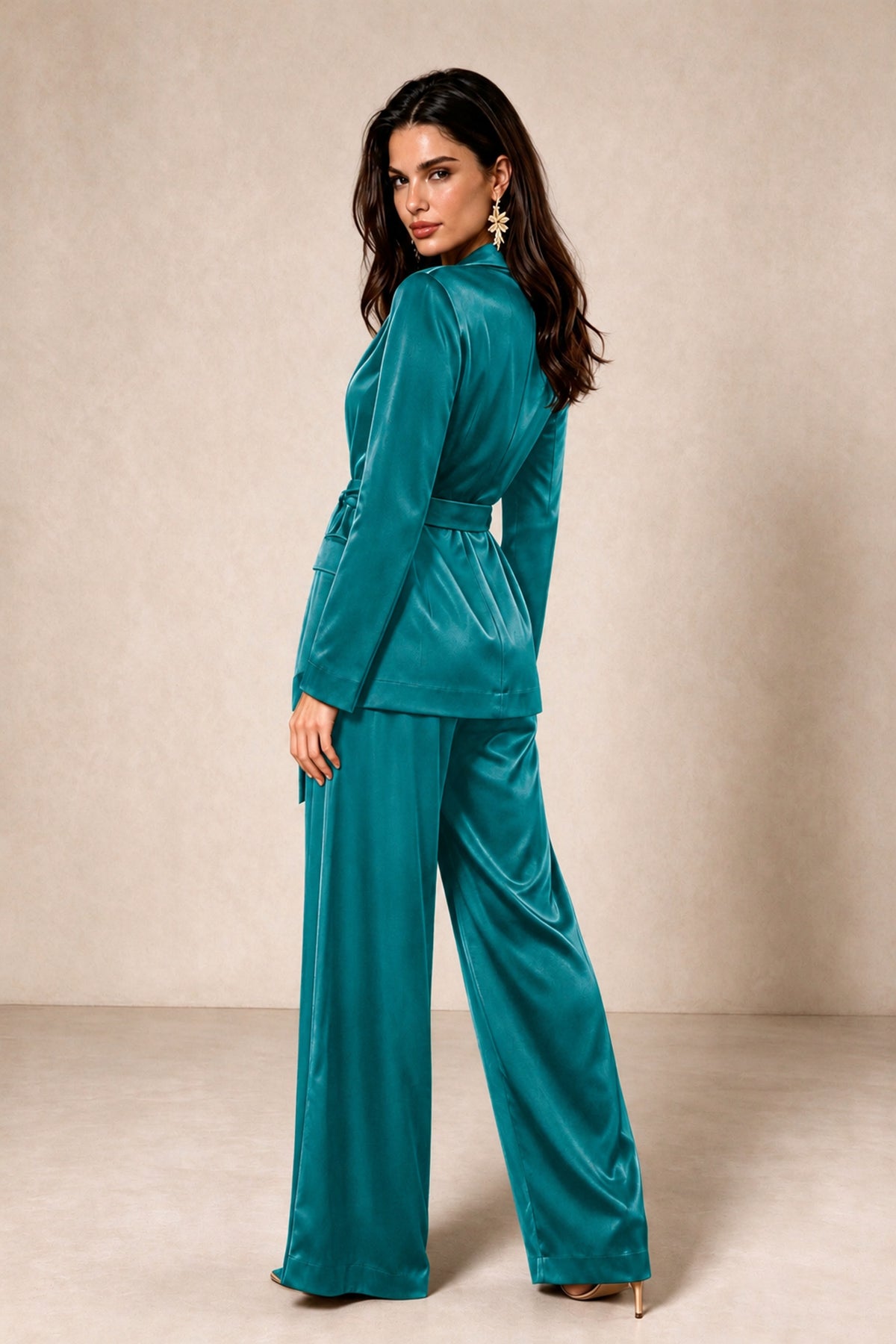 BOLODOO Turquoise Satin Wrap Blazer Wide-Leg Pants Two-Piece Suit Set – Evening Gala Wedding Guest - Turquoise - Turquoise_2