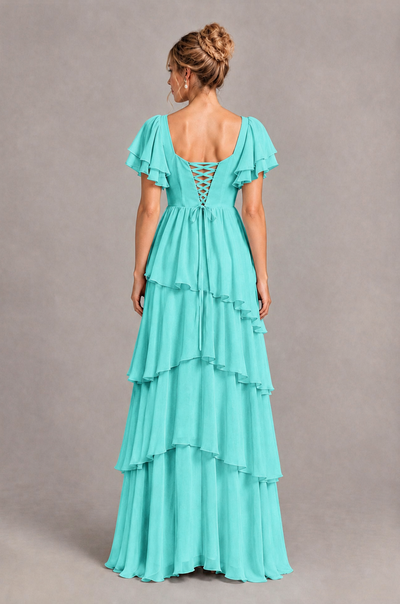BOLODOO Turquoise Square Neck Flutter Sleeve Tiered Chiffon Bridesmaid Dress with Lace-Up Back - Turquoise - Turquoise_2