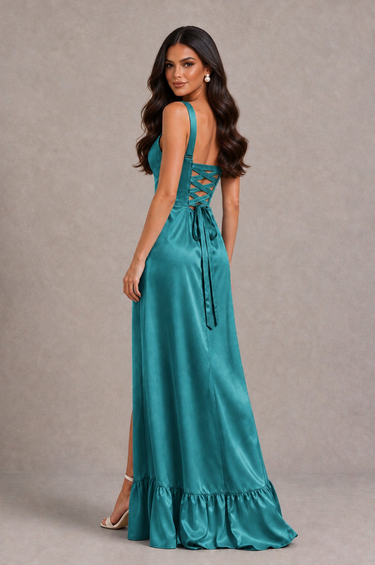 BOLODOO Turquoise Square Neck Satin Evening Dress with Lace-Up Back and High Slit - Turquoise - Turquoise_2