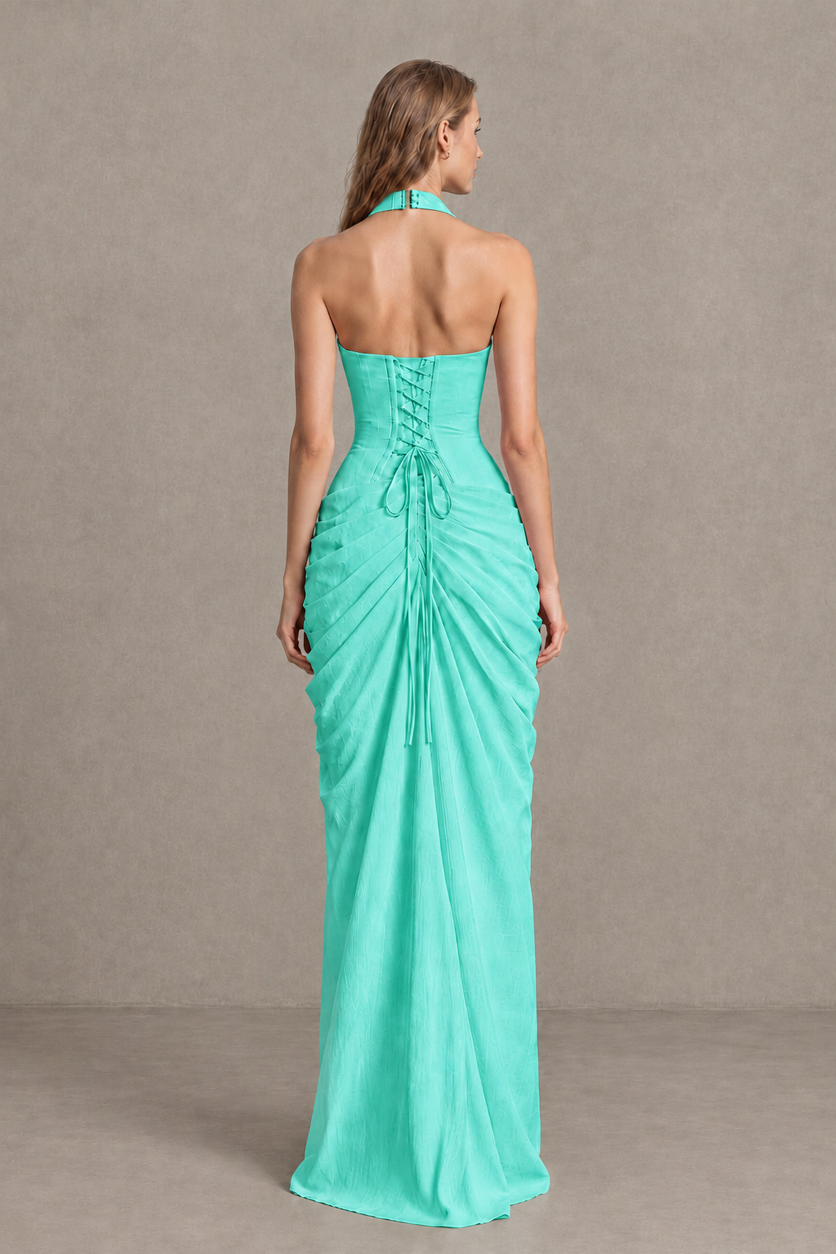 BOLODOO Turquoise Halter Neck Ruched Maxi Dress with High Slit - Turquoise - Turquoise_2