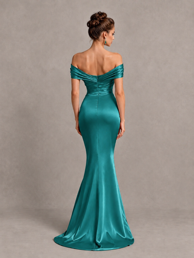 BOLODOO Turquoise Off-Shoulder Satin Mermaid Prom Dress - Turquoise - Turquoise_2