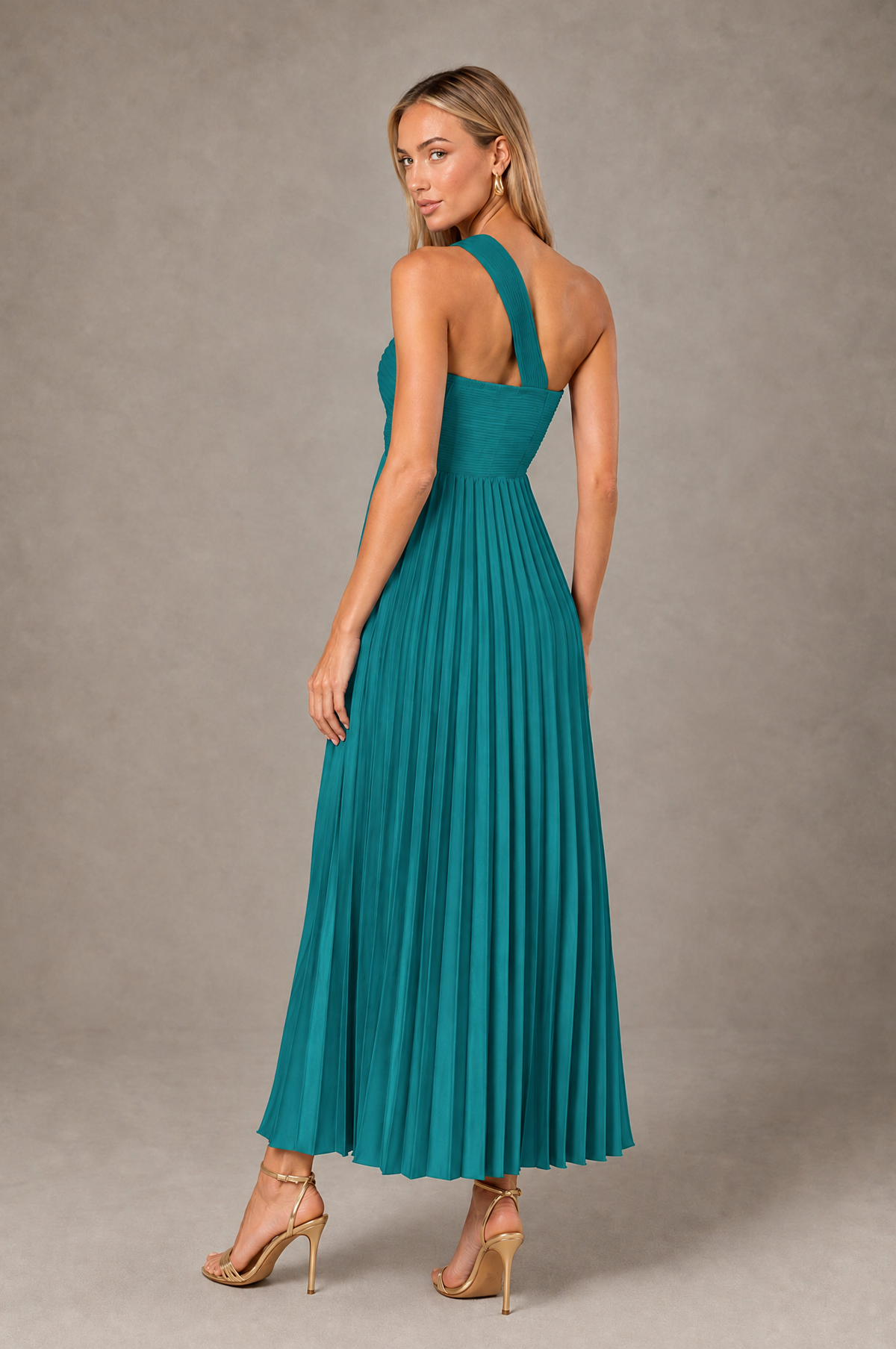 BOLODOO Turquoise One-Shoulder Twist Knot Pleated Satin Midi Dress with Cutout - Turquoise - Turquoise_2