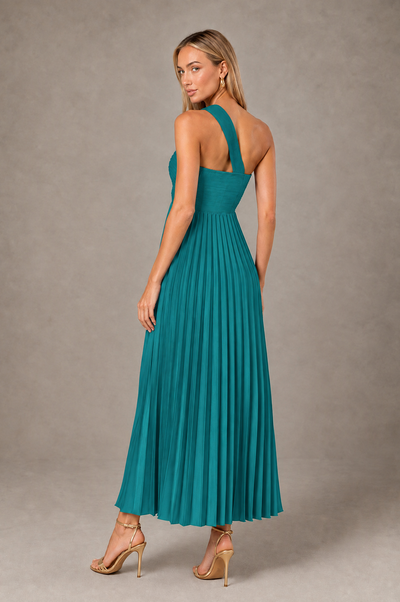 BOLODOO Turquoise One-Shoulder Twist Knot Pleated Satin Midi Dress with Cutout - Turquoise - Turquoise_2