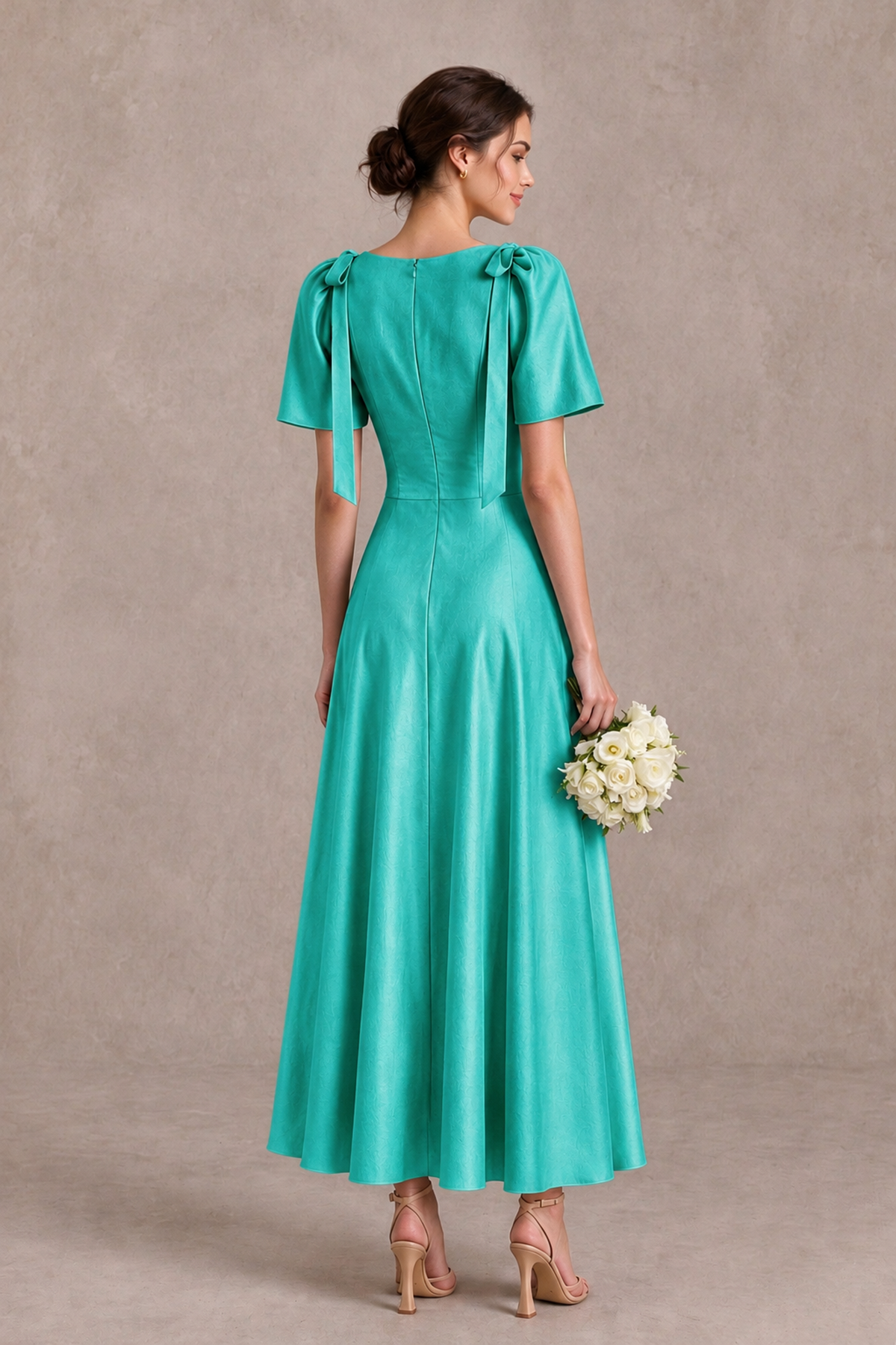 BOLODOO Turquoise V-Neck Short Sleeve Satin-Look Bridesmaid Dress with Shoulder Bows - Turquoise - Turquoise_2