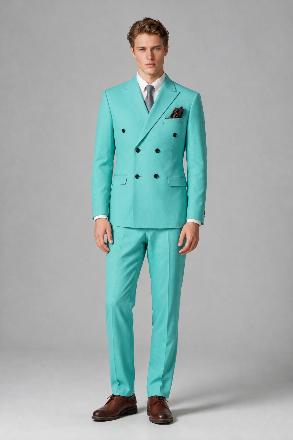 Bolodoo Men's Turquoise Double-Breasted Two-Piece Suit with Peak Lapels - Turquoise - Turquoise_2