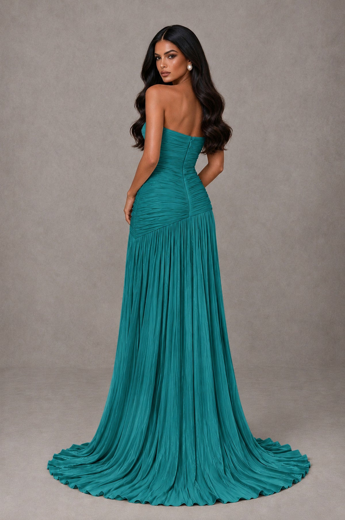 BOLODOO Turquoise Metallic Ruched Strapless Pleated A-Line Backless Maxi Dress with Train - Turquoise - Turquoise_2