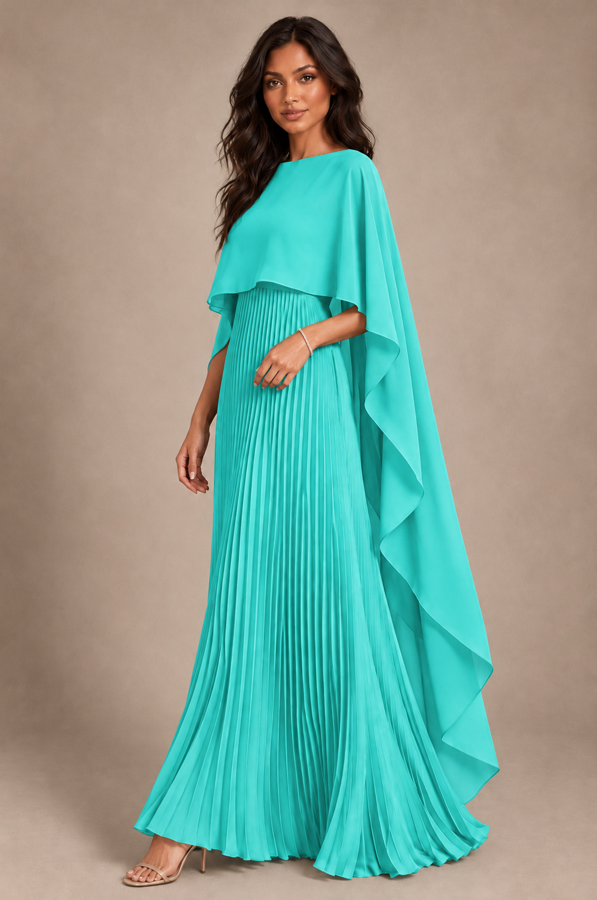 BOLODOO Turquoise Pleated Cape A-Line Evening Dress - Turquoise - Turquoise_2