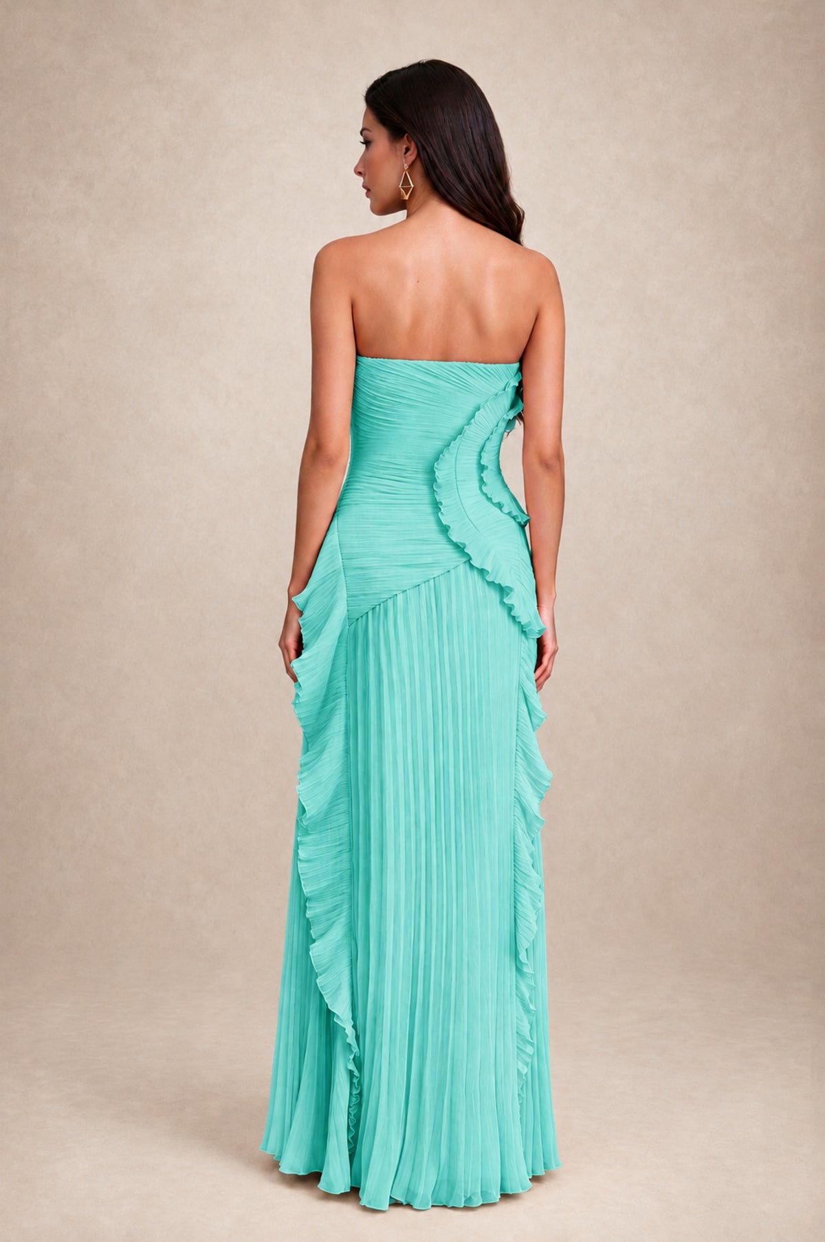 BOLODOO Turquoise Strapless Ruffle Pleated Slit Evening Gown - Turquoise - Turquoise_2