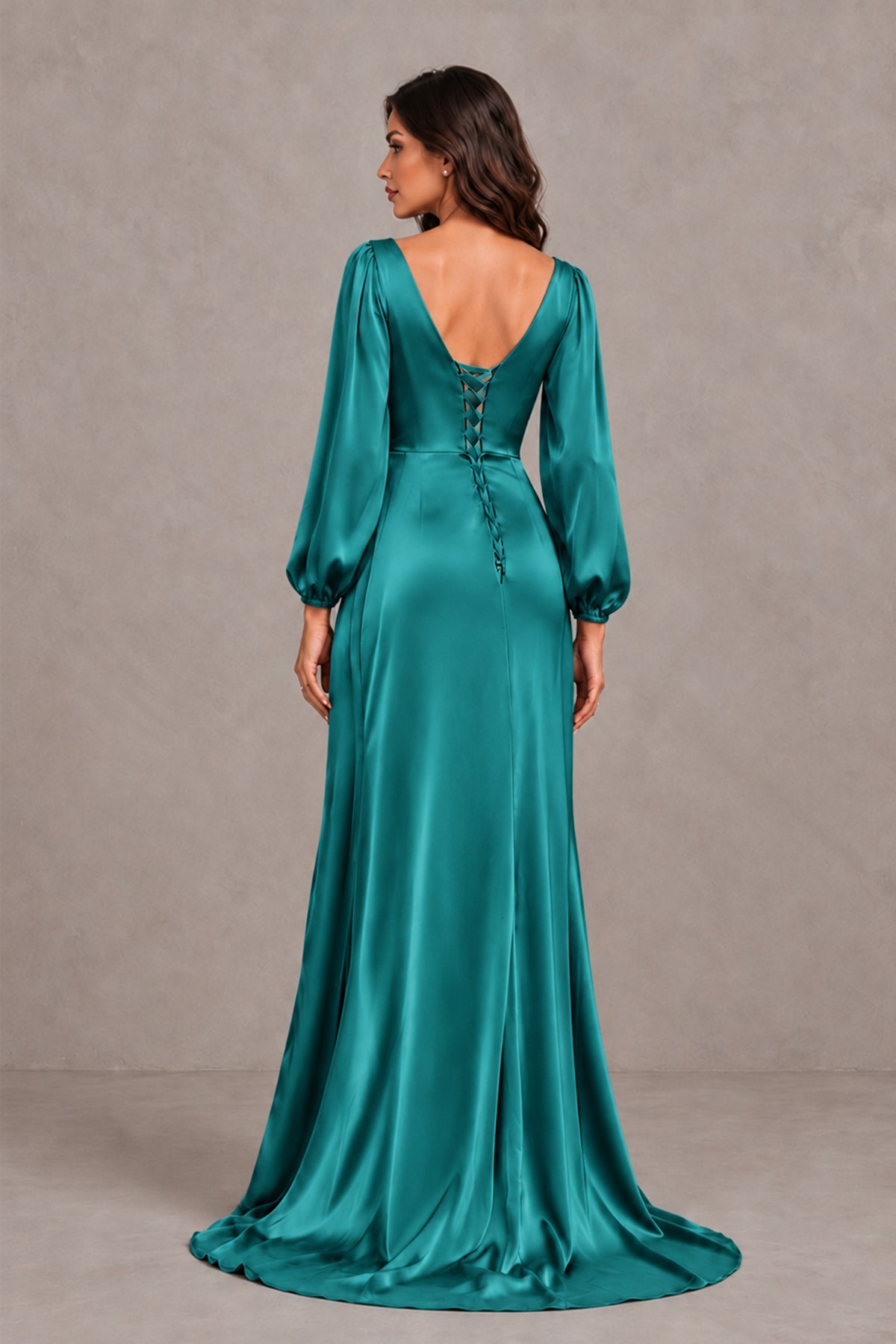 BOLODOO Turquoise Satin-Look Long Sleeve Evening Dress with High Slit - Turquoise - Turquoise_2