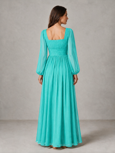 BOLODOO Turquoise Square Neck Long Sleeve Chiffon Bridesmaid Dress - Turquoise - Turquoise_2
