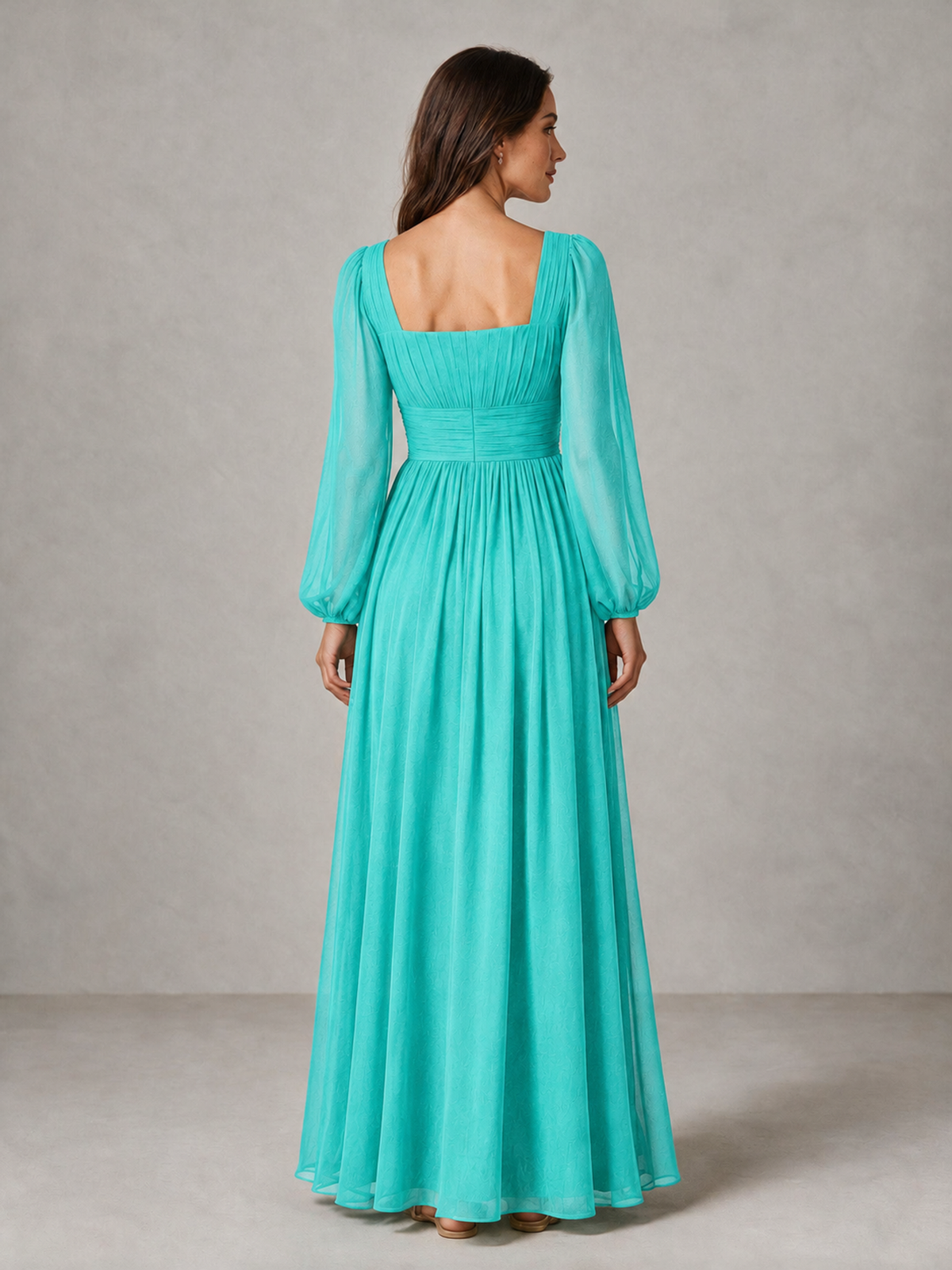 BOLODOO Turquoise Square Neck Long Sleeve Chiffon Bridesmaid Dress - Turquoise - Turquoise_2