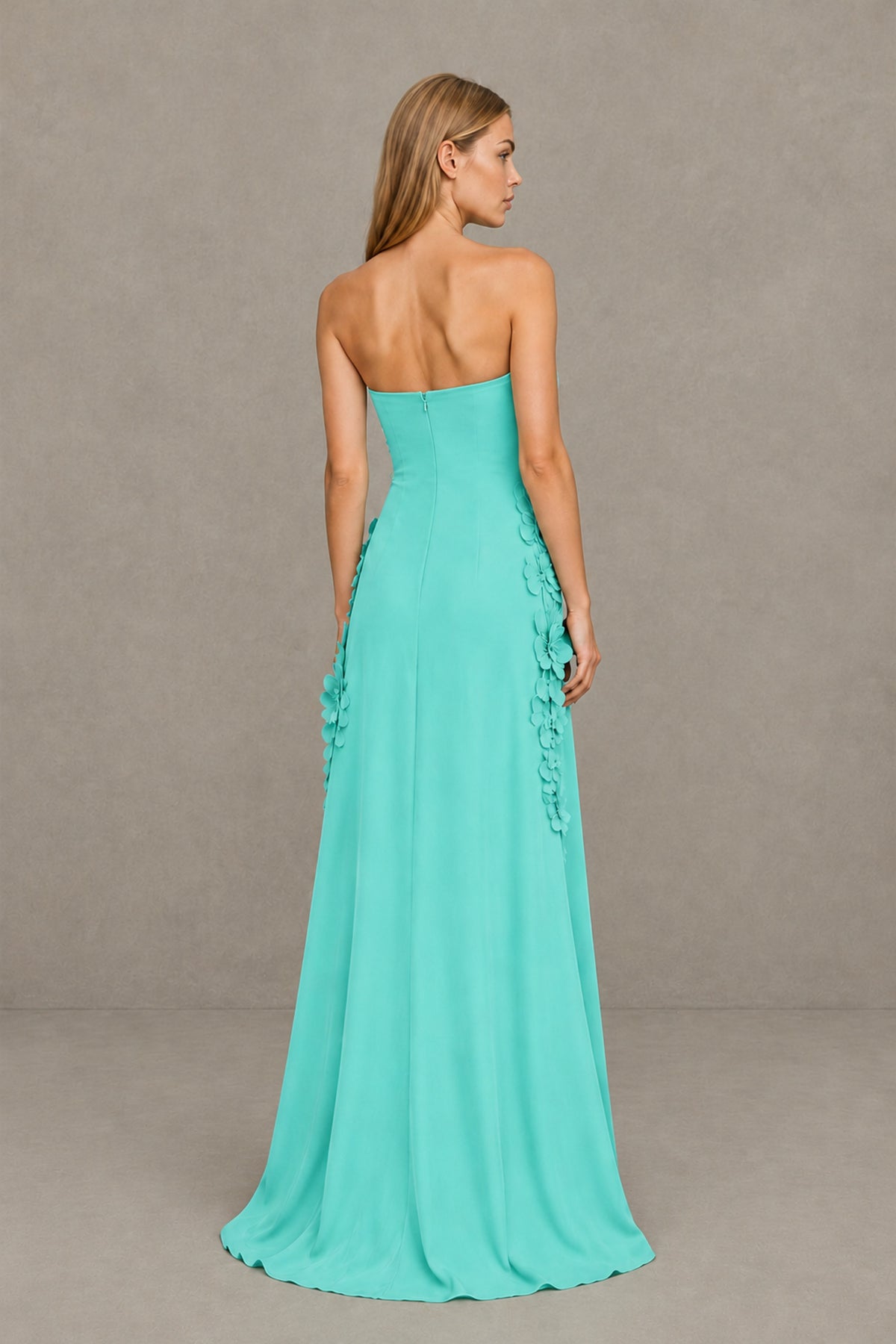 BOLODOO Turquoise Strapless 3D Floral Appliqué Crepe Maxi Gown - Turquoise - Turquoise_2