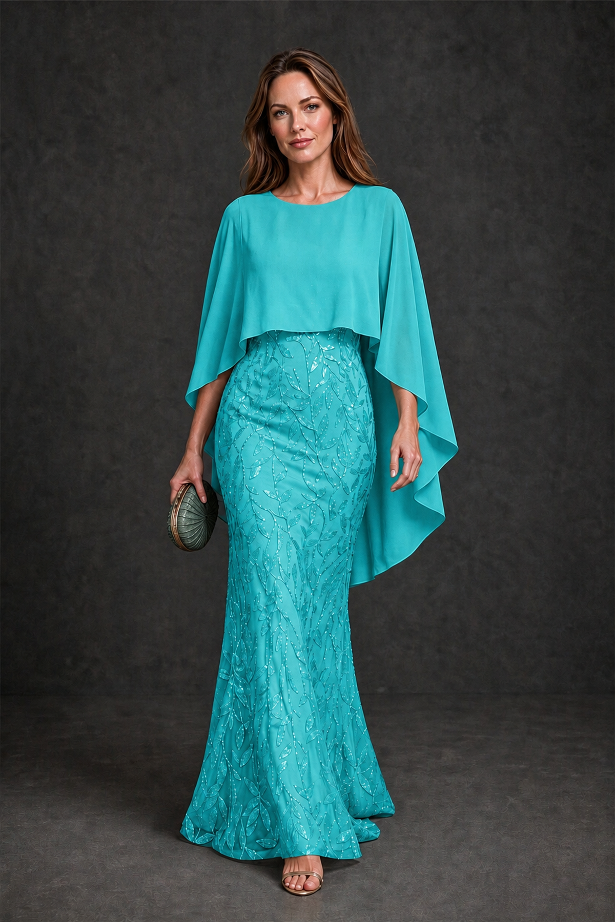 BOLODOO Turquoise Round Neck Chiffon Cape Overlay Sequin Lace Mermaid Maxi Dress - Turquoise - Turquoise_2