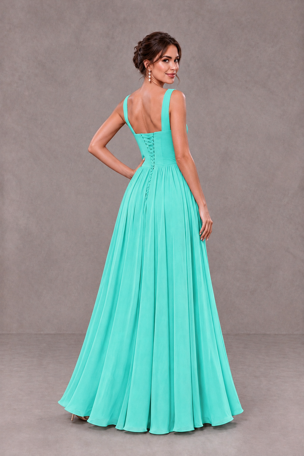BOLODOO Turquoise Square Neck A-Line Bridesmaid Dress with Slit - Turquoise - Turquoise_2