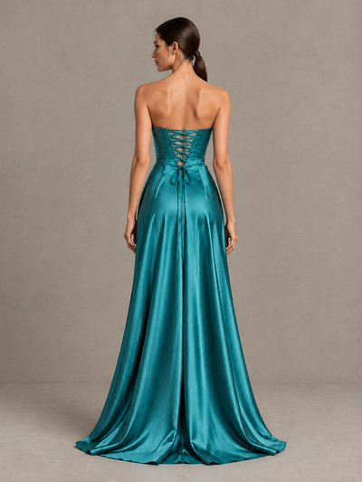 BOLODOO Turquoise Strapless Satin High-Slit Lace-Up Prom Dress - Turquoise - Turquoise_2