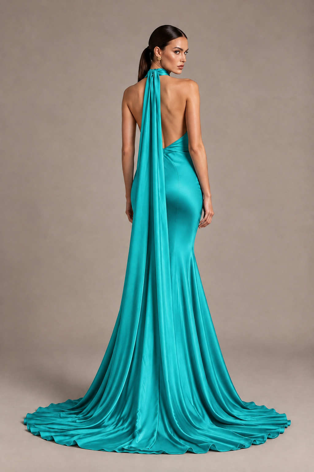 BOLODOO Turquoise One-Shoulder Satin Mermaid Evening Dress with Scarf - Turquoise - Turquoise_2