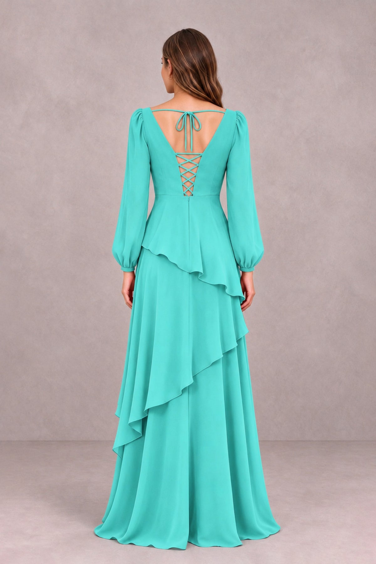 BOLODOO Turquoise Long Sleeve Ruffle Bridesmaid Dresses - Turquoise - Turquoise_2