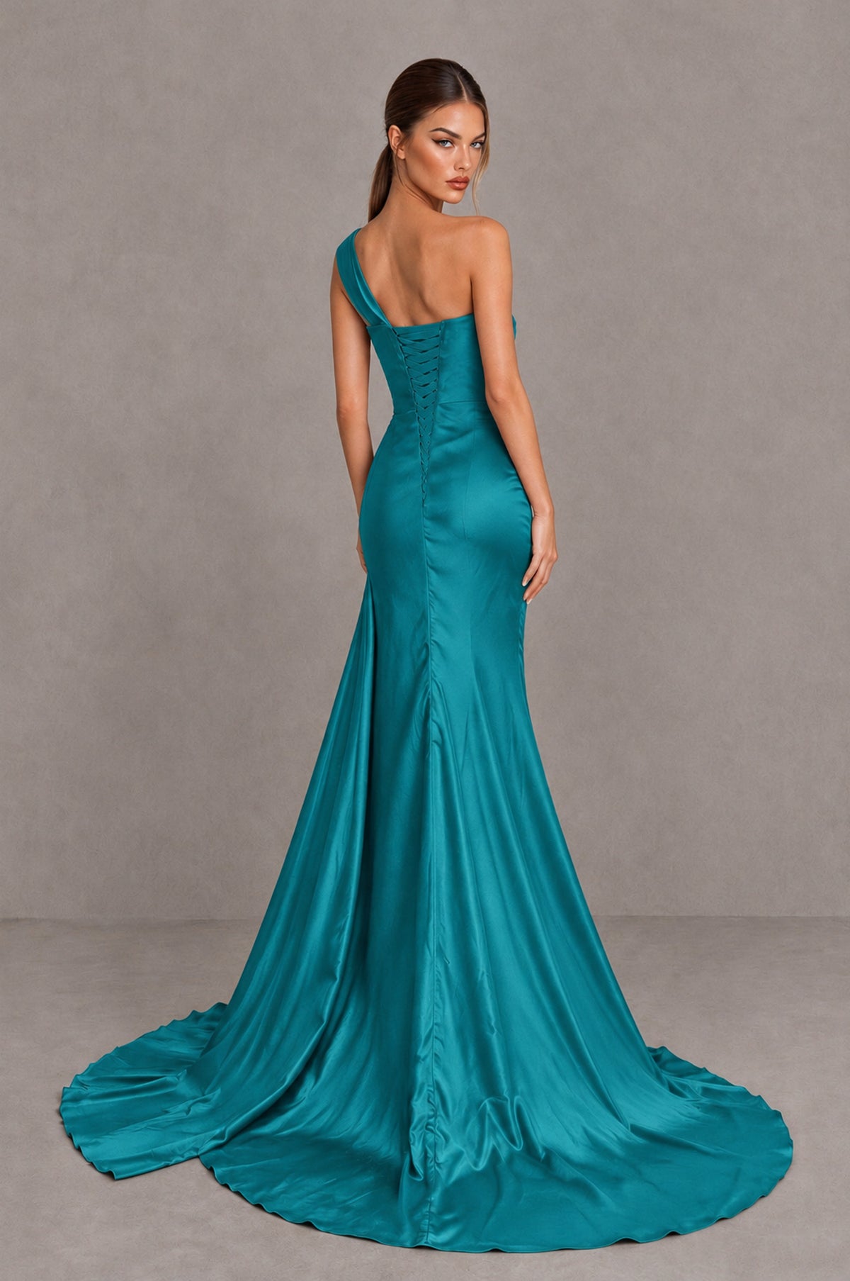 BOLODOO Turquoise One Shoulder Satin Mermaid Evening Dress with Ruched Slit Skirt - Turquoise - Turquoise_2