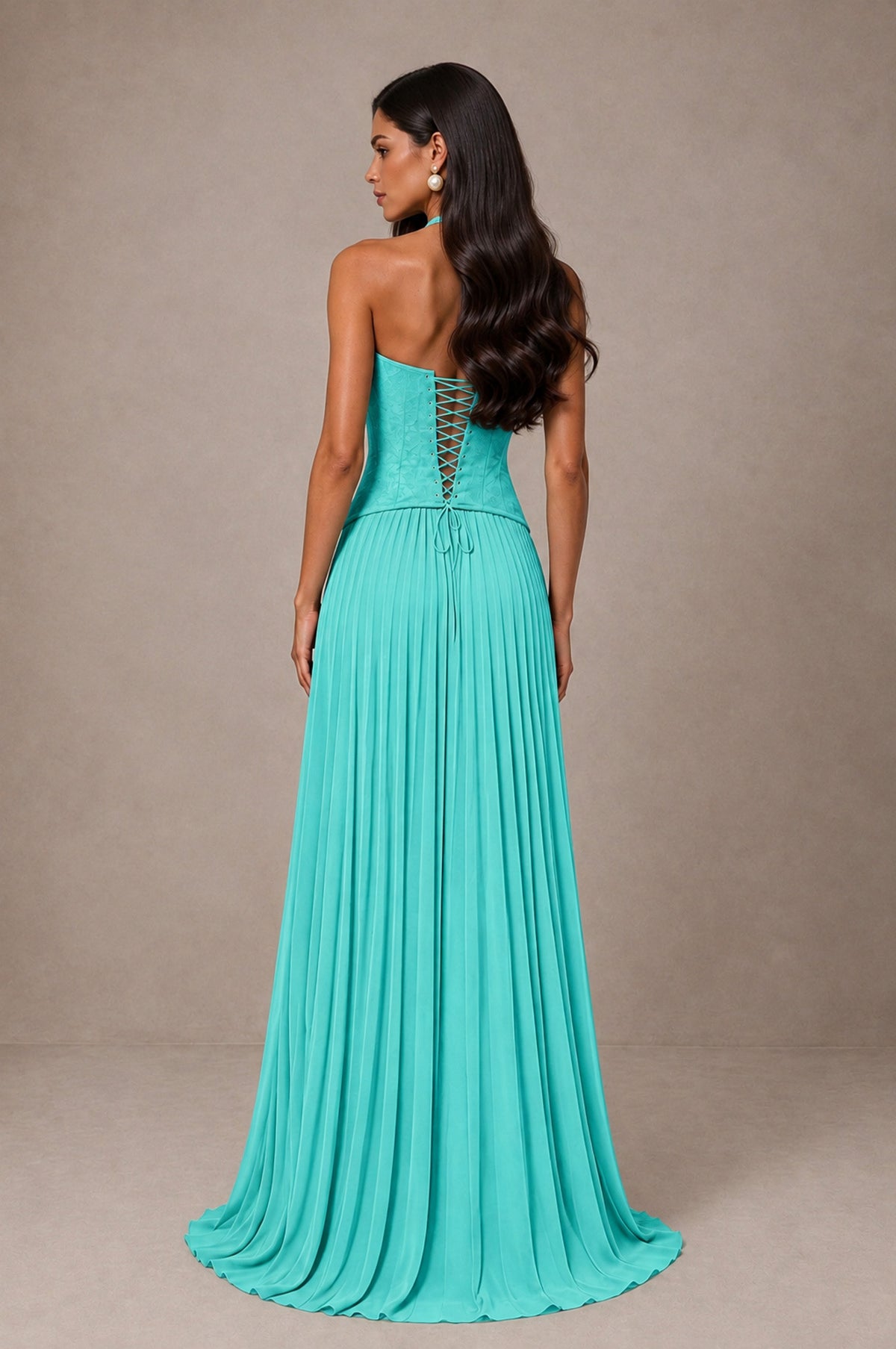 BOLODOO Turquoise Halter Corset Pleated A-Line Evening Dress - Turquoise - Turquoise_2