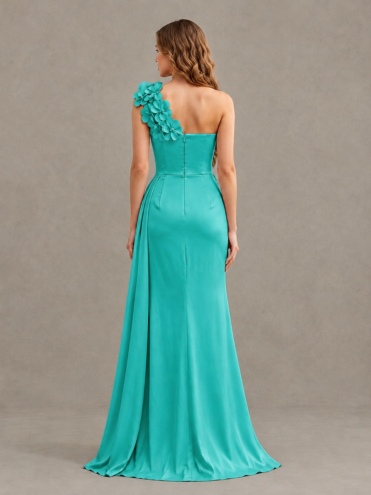 BOLODOO Turquoise One-Shoulder Satin Mermaid Evening Gown with 3D Floral Appliqué - Turquoise - Turquoise_2