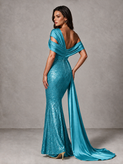 BOLODOO Turquoise Sequin Mermaid Evening Dress with Off-Shoulder Satin Drape and Sweep Train - Turquoise - Turquoise_2