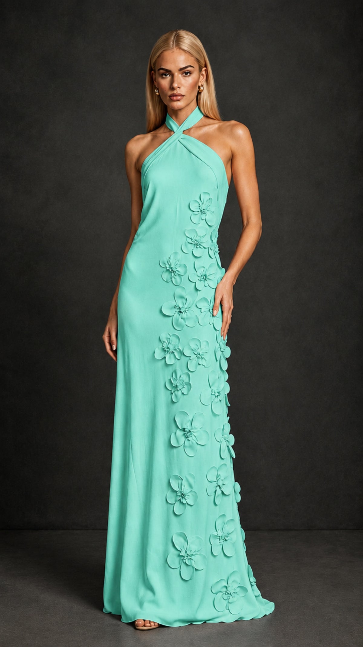 BOLODOO Turquoise Cross Halter Neck 3D Floral Appliqué Backless Mermaid Maxi Gown - Turquoise
